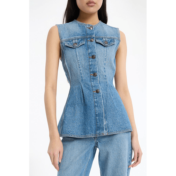 ROTATE Flared Denim Top Medium Blue Denim