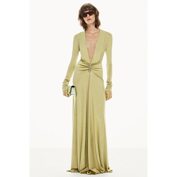 Victoria Beckham Long Sleeve V-Neck Gown Pistachio