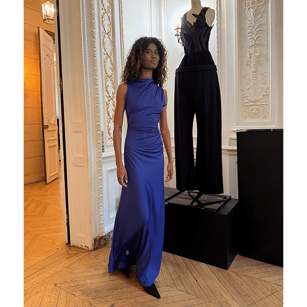Victoria Beckham Sleeveless Draped Gown Bright Indigo