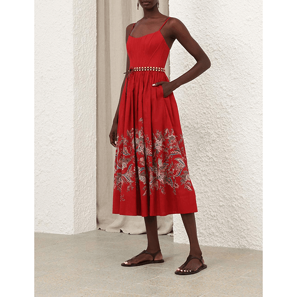 Zimmermann Rhiannon Corset Midi Dress Red Multi Paisley
