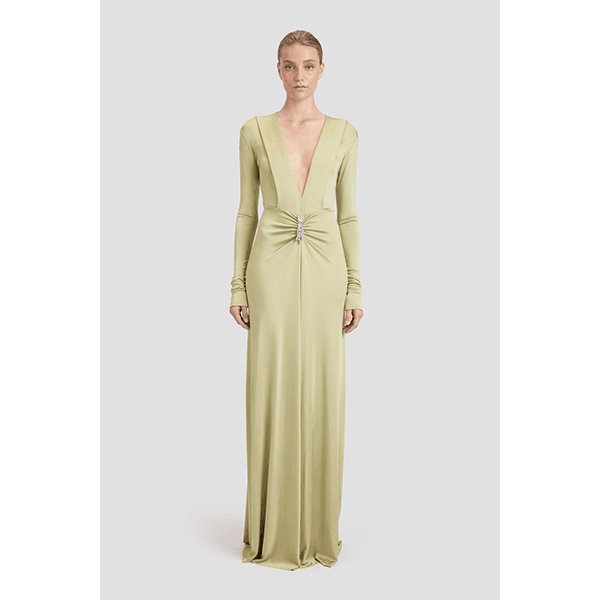 Victoria Beckham Long Sleeve V-Neck Gown Pistachio