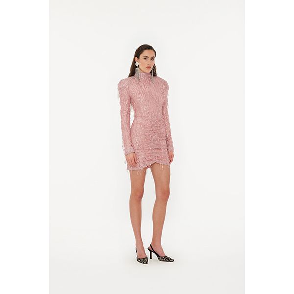 ROTATE Sequin Fringe Mini Dress Peachskin