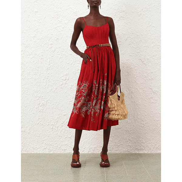 Zimmermann Rhiannon Corset Midi Dress Red Multi Paisley
